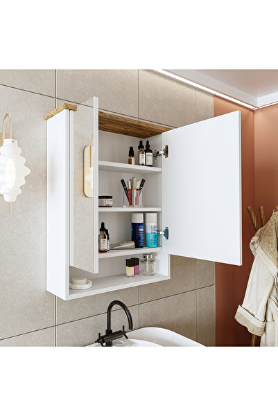 ROOMART Banos Banyo Kulpsuz 2 Kapaklı Mat Beyaz Mdf 62 Cm Aynalı Banyo Üst Dolabı