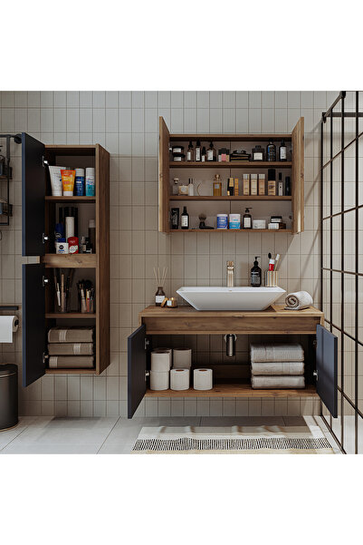 ROOMART Roomarttm7.3 Lavabolu Ahşap-antrasit Mdf 100cm Banyo Dolabı+aynalı Banyo Üst Dolabı+banyo Boy Dolabı
