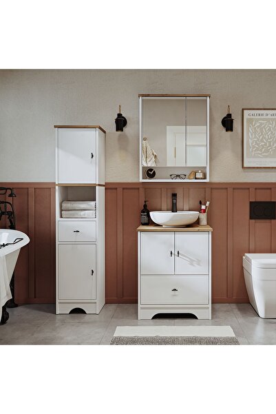 ROOMART Lavabolu Mat Beyaz Mdf 60 Cm Çekmeceli Banyo Dolabı + Aynalı Banyo Üst Dolabı + Boy Dolabı
