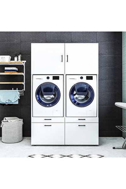 ROOMART Çamaşır-kurutma Makinesi Dolabı + Üst Dolabı 2'li Mat Beyaz