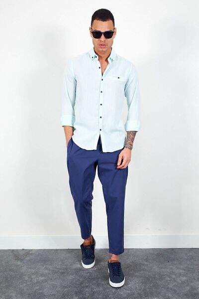 MAN EDITION Ανδρικό λινό πουκάμισο με μακρυμάνικο ψάθινο μέντα - Ee 111498 -1498