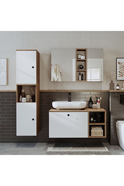 ROOMART "Lavabolu" Mdf 95 cm Çekmeceli Lotus Oval Lavabolu Banyo Dolabı + Aynalı Üst Dolabı + Boy Dolabı