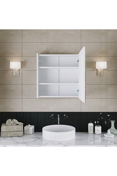 ROOMART Banos Banyo Ad7 Kulpsuz Tek Kapaklı Mat Beyaz Mdf 60 Cm Aynalı Banyo Üst Dolabı