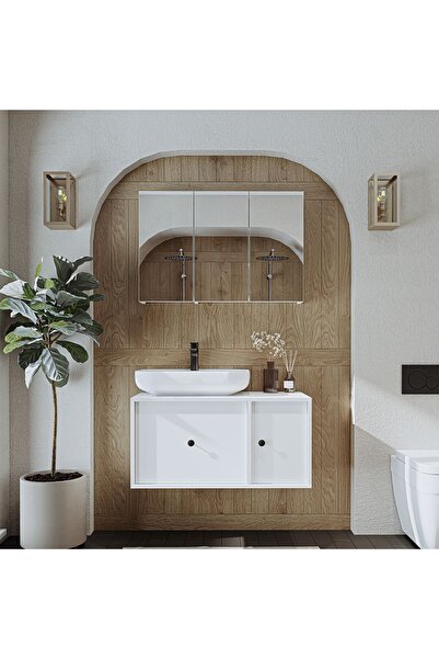 ROOMART Oval Lavabolu Mat Mdf 90 Cm Çekmeceli Banyo Dolabı + Aynalı Üst Dolabı