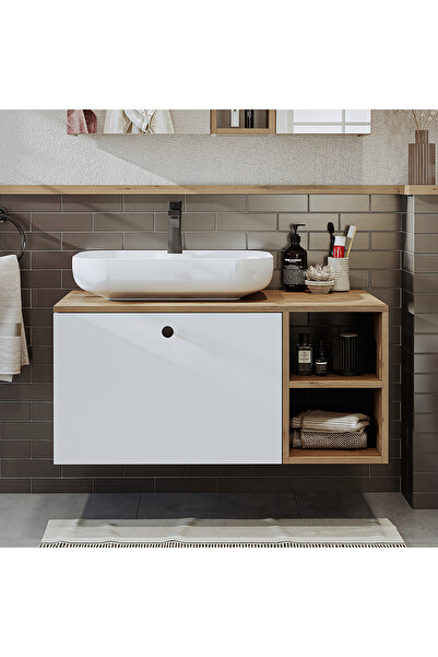 ROOMART Ayaksız Lavabolu Mdf 95 Cm Çekmeceli Lotus Oval Lavabolu Banyo Dolabı
