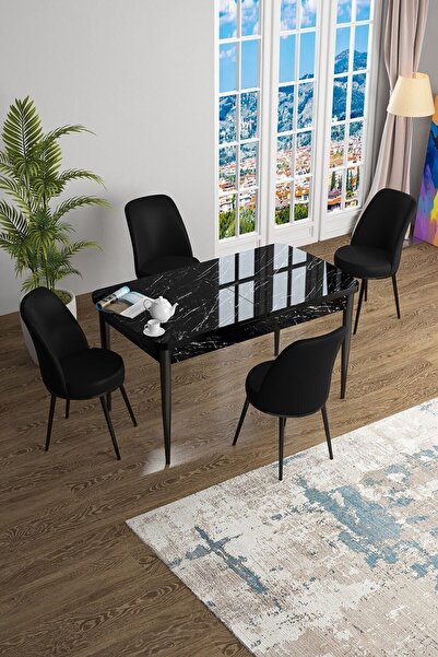 Canisa Han Serisi 70x114 Açılabilir Mdf Mutfak Masası Takımı Siyah Mermer Des...