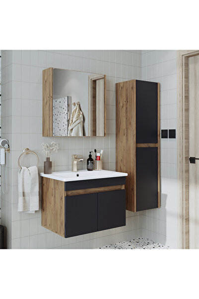 ROOMART '' Lavabolu '' Atlantik - Antrasit Mat Mdf 65 Cm Alt Dolap Aynalı Üst...