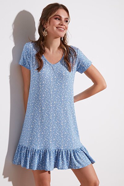 Lela Çiçekli Yuvarlak Yaka Fırfır Detaylı Mini Elbise Bayan Elbise