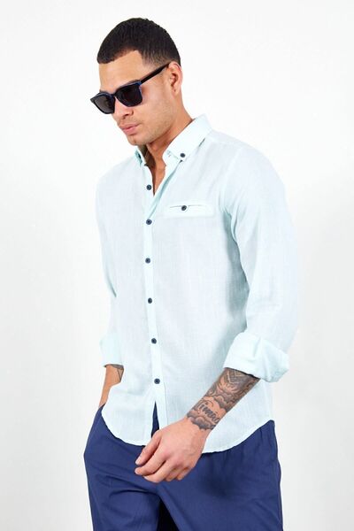 MAN EDITION Ανδρικό λινό πουκάμισο με μακρυμάνικο ψάθινο μέντα - Ee 111498 -1498