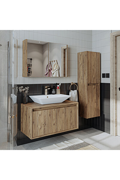 ROOMART Lavabolu Mat Ahşap Mdf 85 Cm Banyo Dolabı+aynalı Banyo Üst Dolabı+boy Dolabı