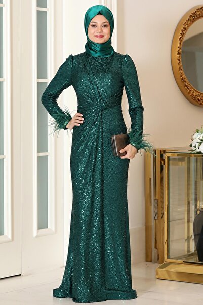 DENİMİNİ Pul Payet Detaylı Balık Kesim Kuyruklu Tesettür Abiye Elbise DNMSN84