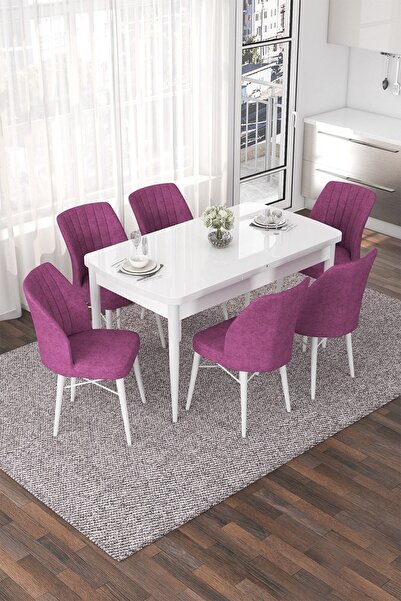 Canisa Nef Serisi, Beyaz 70x114 Açılabilir Mdf Yemek Odası Takımı, 6 Mor Sandalye