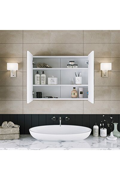 ROOMART Banos Banyo Ad7 Kulpsuz 2 Kapaklı Mat Beyaz Mdf 80 Cm Aynalı Banyo Üst Dolabı