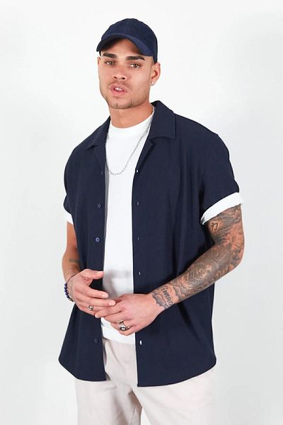 Manche Men's Ottoman Navy Blue Apaj Collar Knitted Shirt - Mes115882-01