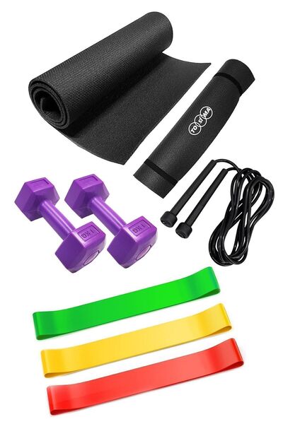Tosima Egzersiz Pilates Seti Pilates Minderi 3 Adet Direnç Lastiği Atlama Ipi Ve 1 Kg Çiftli Dambıl Seti