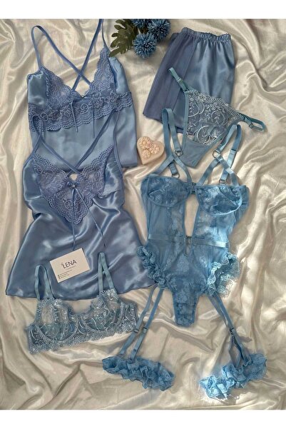 Lena Homewears Mavi Saten Kutulu 6 Parça Dev Gecelik Iç Giyim Çeyiz Seti