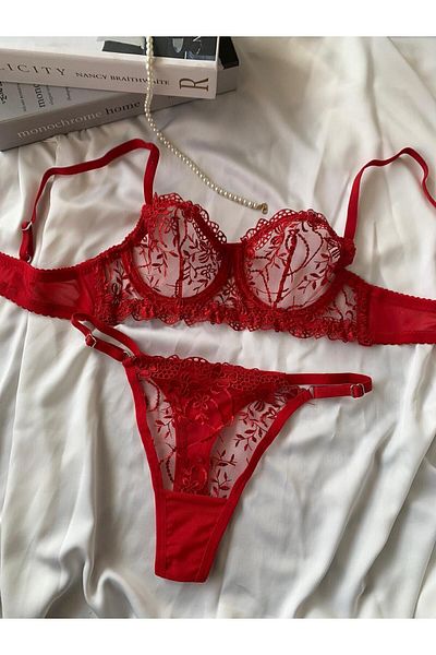 Nazenin Lingerie Brode UnderwIre Floral EmbroIdered Bra Set - Red Color