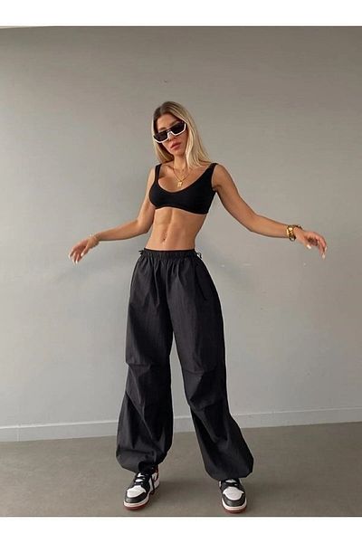 NFTY Soft Textured Parachute Fabric - Loose Cut Black Trousers