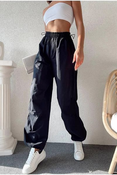 NFTY Soft Textured Parachute Fabric - Loose Cut Black Trousers