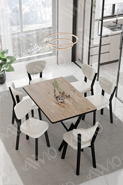 AVVİO DORA  ELMA Sandalye 80x140 Yemek Masası Mutfak Masası 6 Kişilik Masa Sa...