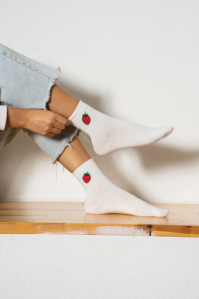 Socks Here White Strawberry Patterned Sports Socks