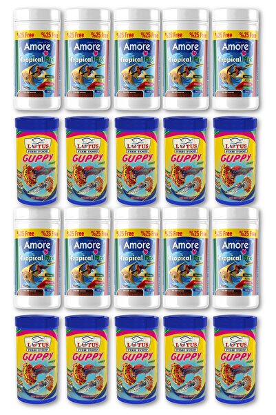 AMORE Lepistes-Melek-Plati-Moli Balığı Granül Yemi 10x125 ml Tropikal Mix Selection, 10x100ml Lotus Guppy