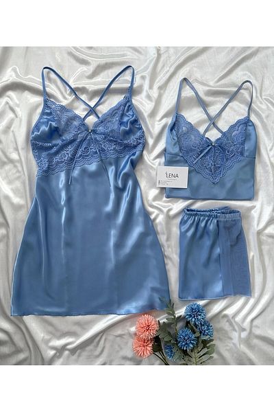Lena Homewears Set de 3 cămăși de noapte și pantaloni scurți din satin pentru femei