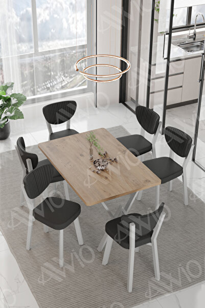 AVVİO MONA ELMA Sandalye 80x140 Yemek Masası Mutfak Masası 6 Kişilik Masa San...