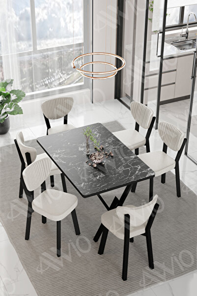 AVVİO DORA  ELMA Sandalye 80x140 Yemek Masası Mutfak Masası 6 Kişilik Masa Sa...