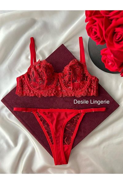 CES'Y LİNGERİE Red Lace and Underwire Embroidery Bra Set