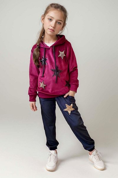 Riccotarz Sequin Star Patterned Velvet Sweatshirt and Burgundy Tracksuit Set for Girls
