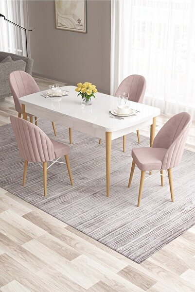 Canisa Ves Serisi 80x132 Açılabilir Mdf Mutfak Masası Takımı Beyaz Ahşap Ayak...