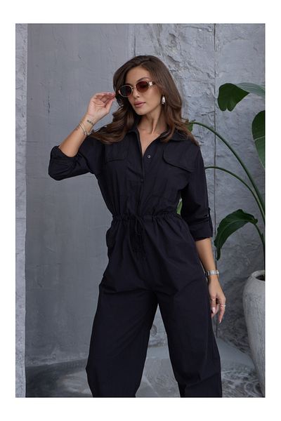 Elif Özbey Butik Salopetă neagră adunată în talie - cu picioare elastice
