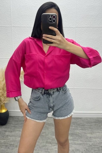 Ded COLLECTION Kadın Salaş Oversize Fuşya Gömlek