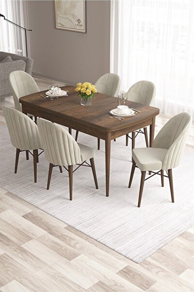 Canisa Ves Serisi 80x132 Mdf Siyah Mermer Yemek Odası Takımı 6 Kahve Sandalye