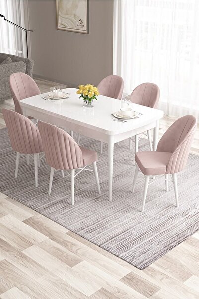 Canisa Ves Serisi 80x132 Mdf Açılabilir Beyaz Masa 6 Pembe Sandalye Mutfak Ma...