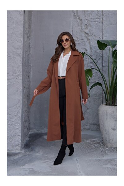 Elif Özbey Butik Prémiový hnědý příkop s ramenními nárameníky a páskem