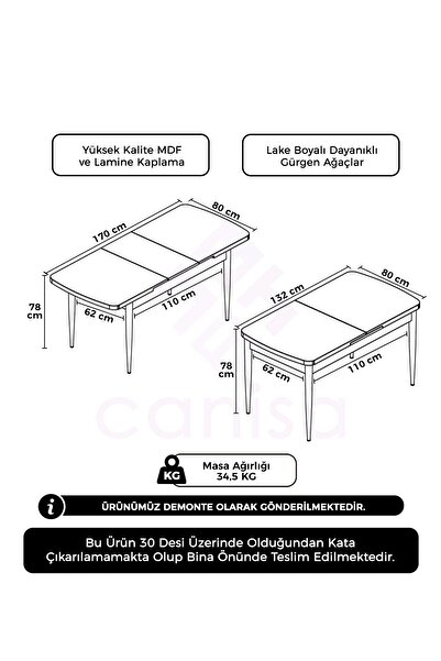 Canisa Barok Ahşap Desen 80x132 Açılabilir MDF Yemek Masası Ahşap Ayak