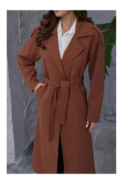 Elif Özbey Butik Trench cu umăr de culoare cafea premium cu epoleți și curea
