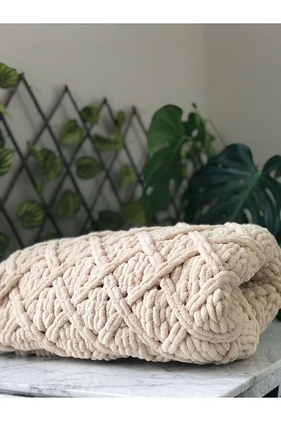 Missworble Puffy Hand Knitted Fireplace and TV Blanket Diamond Patterned Cream 90 X 165 Cm