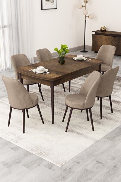 Canisa Rax Serisi Açılabilir 80x132 Barok Ahşap Desen Yemek Odası Takımı 6 Ca...