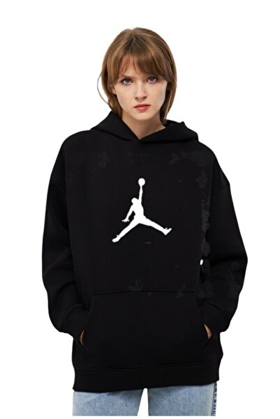 Moda Işık سويت شيرت أسود اللون بغطاء للرأس وجيب الكنغر وطباعة جوردون أسود للجنسين