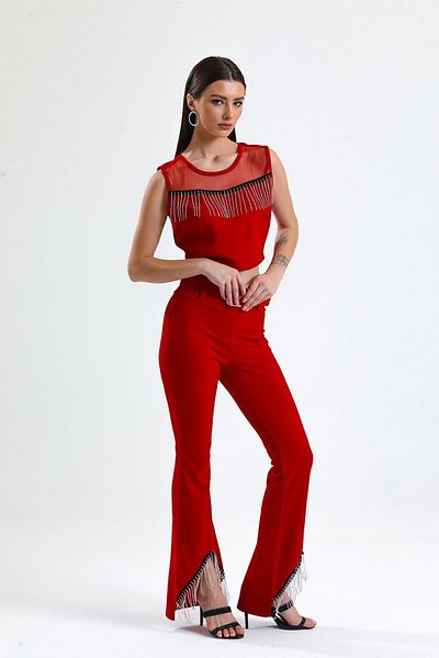 Sense Pantaloni de rochie de seară din crepon pentru scuba, cu centură în talie și detaliu de lanț de piatră |   Pnt34307 Roșu
