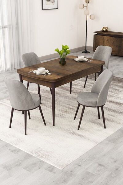 Canisa Rax Serisi Açılabilir 80x132 Barok Ahşap Desen Yemek Odası Takımı 4 Gr...