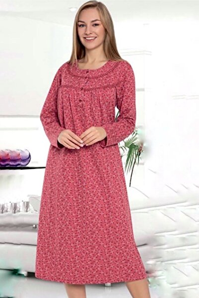 ATINÇ Long Sleeve Size Cotton Combed Mother's Nightgown