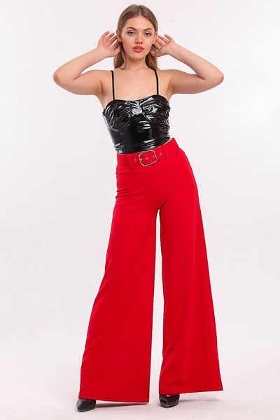 Sense Side Fabric Covered Belt Spanish Leg Scuba Crepe Trousers| Pnt33393 Red