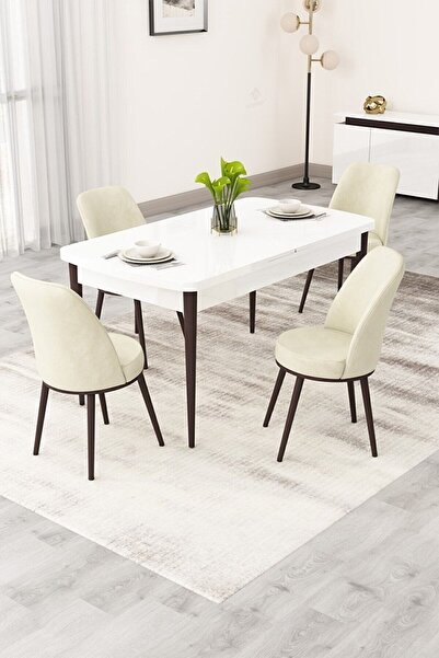 Canisa Rax Serisi Açılabilir 80x132 Beyaz Masa Ceviz Ayak Yemek Odası Takımı ...