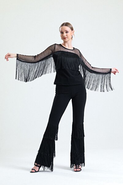 Sense Tasseled Diver Scuba Crepe Tulle Blouse |   Blz33372 Black