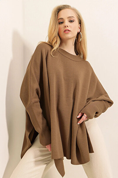 LE CARAMBOLE Tan Color Oversize Poncho Sweater - Slit Detail