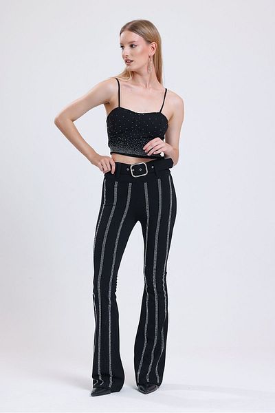 Sense Spanish Leg Belted Stone Detailed Evening Dress Trousers Pnt34898 Black